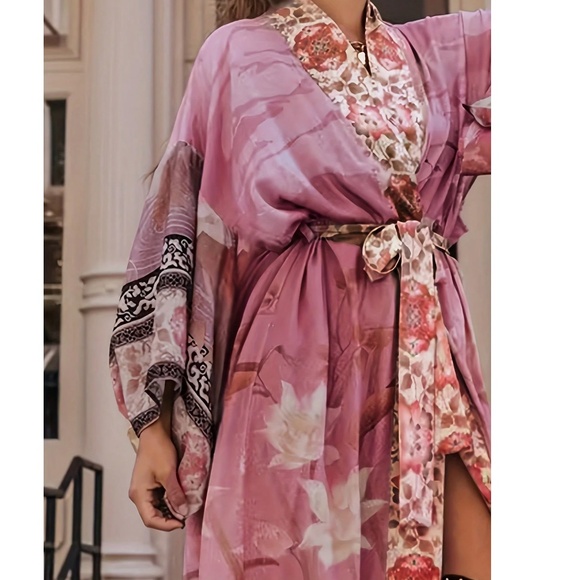 Boho Pink Floral Flamingo Print 3/4 Sleeve Belted Kimono Cover up - Picture 5 of 5